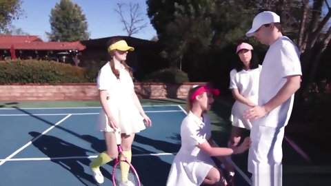 Unusual tennis session with petite besties outdoor